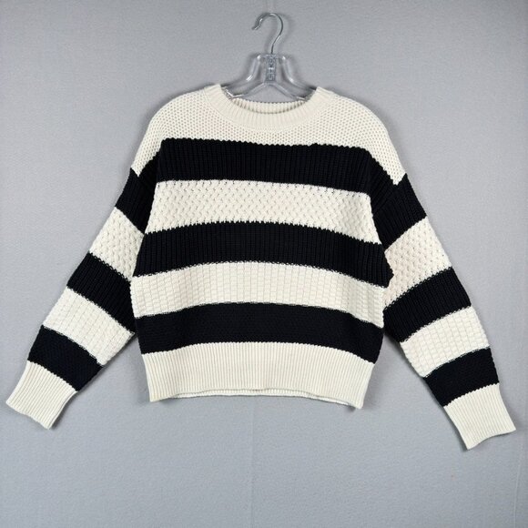 a new day Sweaters - A NEW DAY Striped Crewneck Sweater Off White Black M Drop Shoulder Textured NWOT
